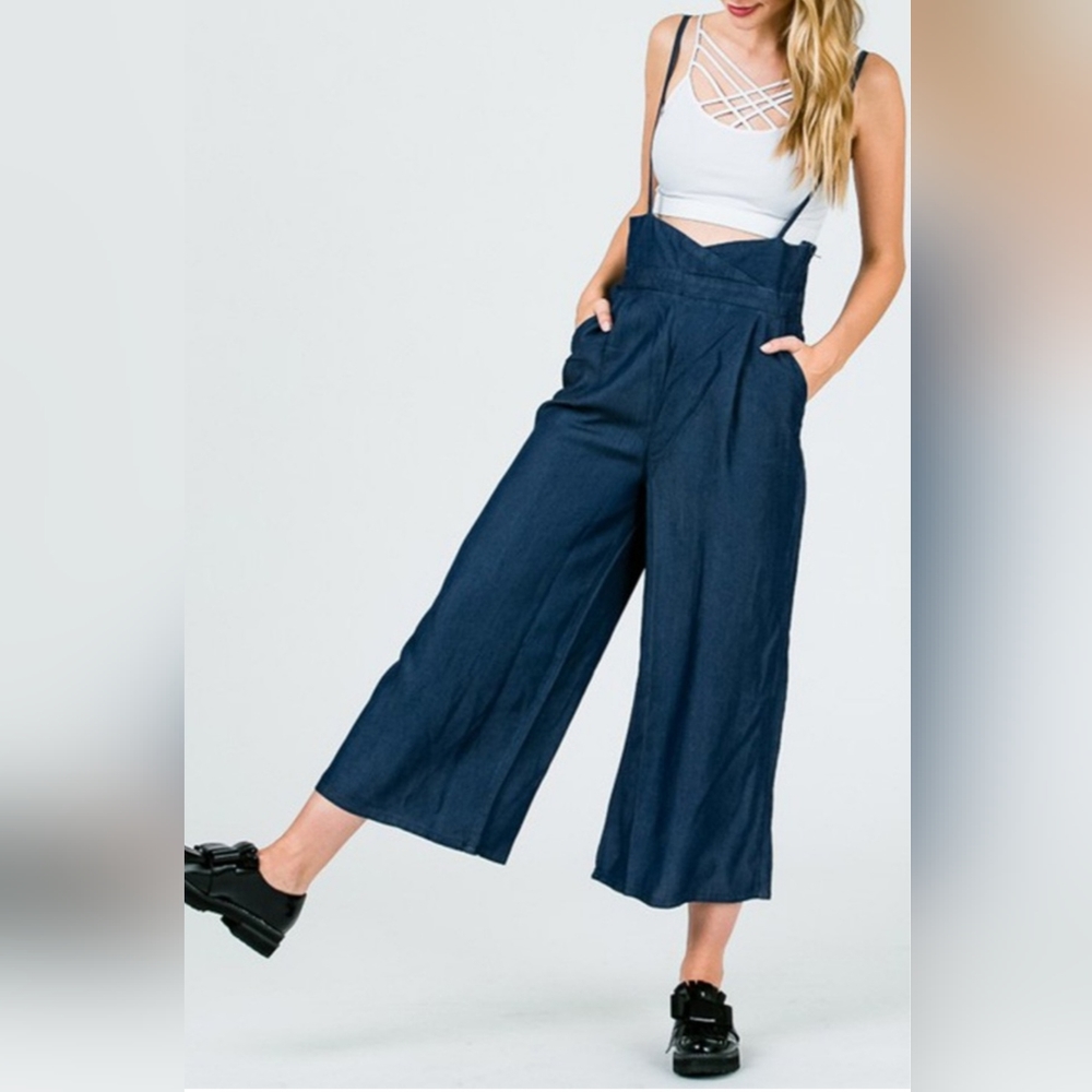 Tencel high waist suspender wide leg Capri pants